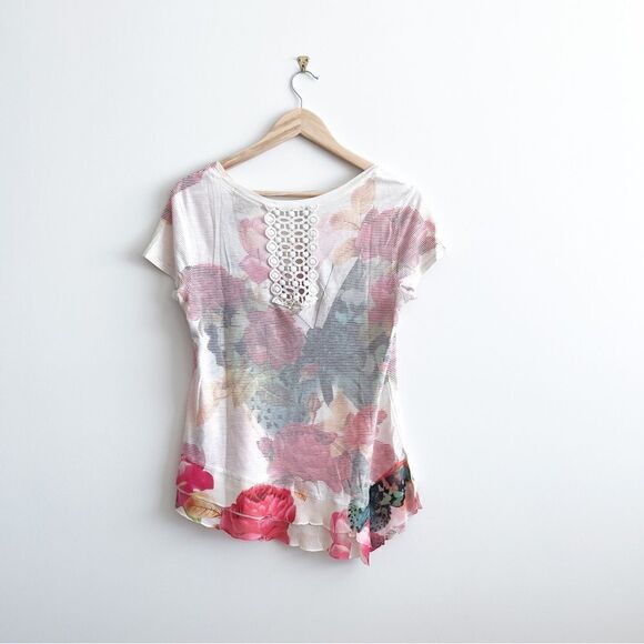 Style & Co. Petite Floral T-Shirt Crochet Back Angled Ruffled Women's M - Picture 2 of 5